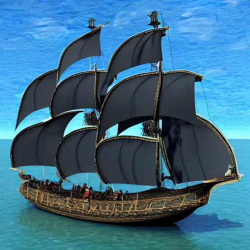 Image similar to pirates of the caribbean, the black pearl, sailing on a beautiful ocean, 3 d render