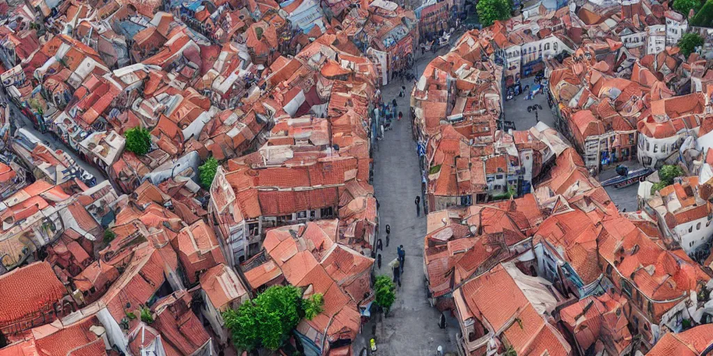 Prompt: Aerial perspective of a fantasy town winding narrow streets a multicolored marketplace full of people, red brick rooves and smoke from chimneys