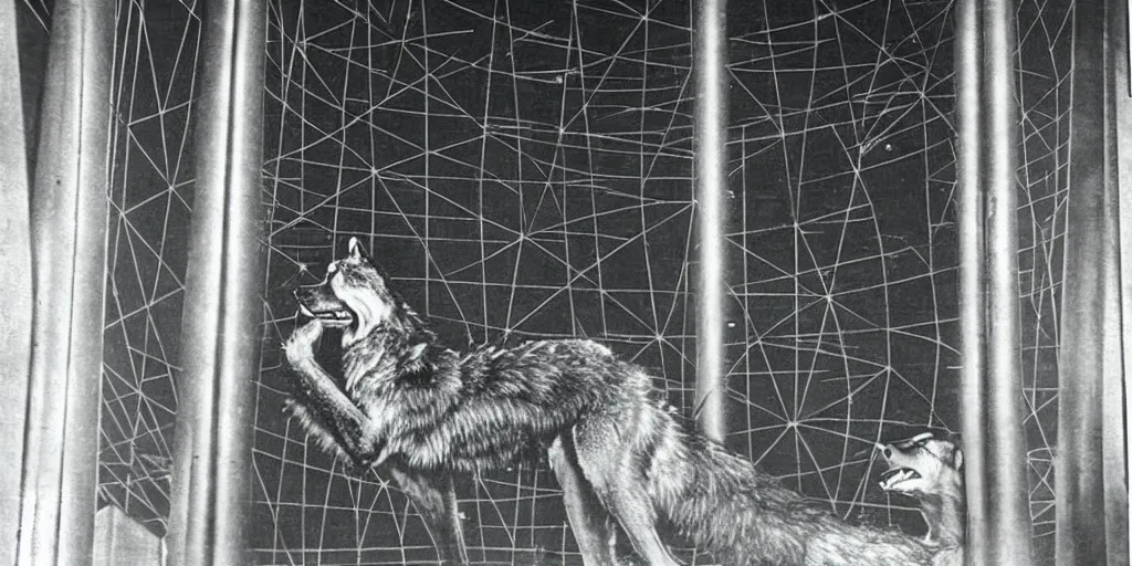 Image similar to anthropomorphic furry wolf inside a giant automaton tower that tracks the stars, 1900s photograph