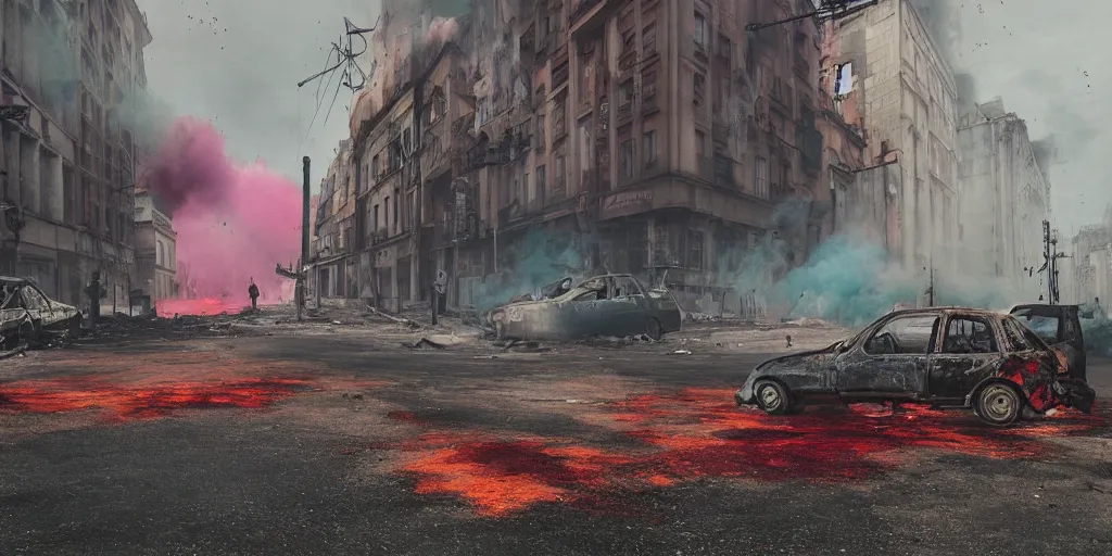 Image similar to post - apocalyptic kreuzberg streets covered in colorful smoke, burned cars, explosions, hyperrealistic, gritty, damaged, dark, urban photography, photorealistic, high details