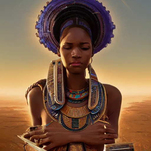 Image similar to highly detailed portrait of an african egyptian goddess, intricate alien technology, stephen bliss, unreal engine, fantasy art by greg rutkowski, loish, rhads, ferdinand knab, makoto shinkai and lois van baarle, ilya kuvshinov, rossdraws, tom bagshaw, global illumination, radiant light, detailed and intricate environment