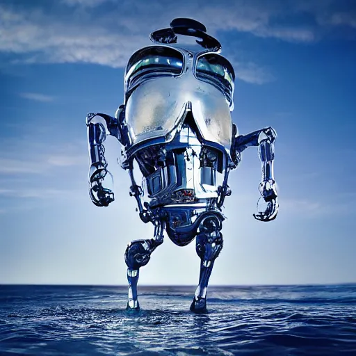 Prompt: shiny robot exoskeleton with a shell inspired by isopods walking across the ocean floor collecting shells, real life, photography, national geographic