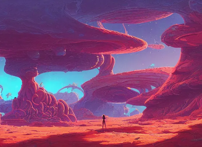 Prompt: psychedelic concept art of an alien landscape made of baked beans, cel shaded, in the style of makoto shinkai and moebius and peter mohrbacher and anton fadeev