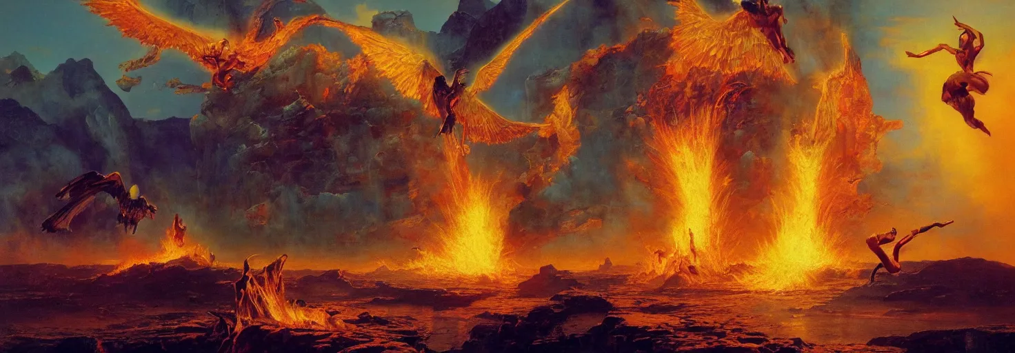 Prompt: an epic and awe-inspiring bruce pennington digital art landscape painting of Icarus crashing and burning while his father Daedalus looks on in disbelief