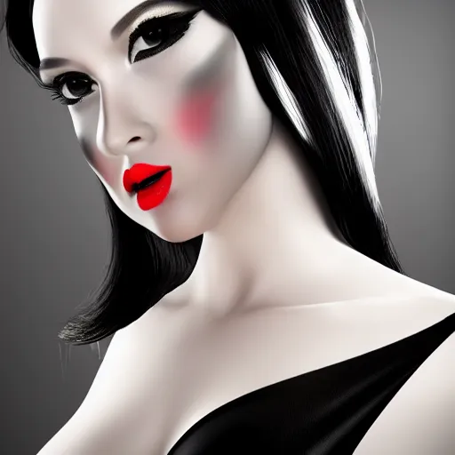 Image similar to complex 3 d render, ultra detailed, realistic photo of a beautiful porcelain skin woman ninja, oval shape face, black long hair, wearing black dress, detailed almond eyes shape, red lipstick, plump lips, beautiful, studio photo, proportional, the grand sala thai on the background