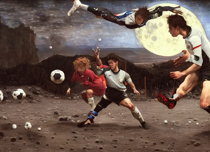 Image similar to a soccer match on the moon by edgar maxence and caravaggio and michael whelan and delacroix style, artistic, intricate painting, cinematic lighting, hyper realistic, extremely detailed, establishing shot, 8 k resolution, dramatic lighting