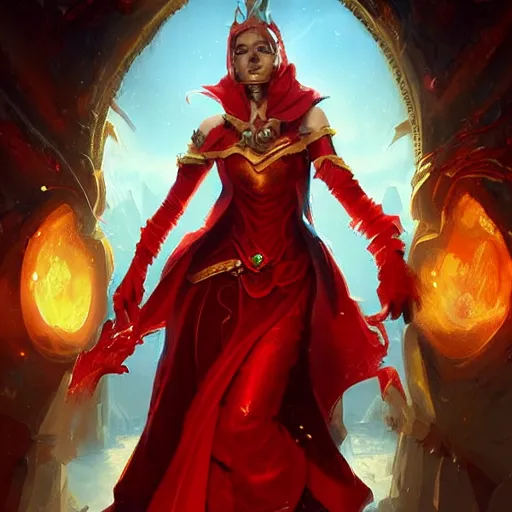 Image similar to a woman in red, she wears a golden mask os dragon, epic fantasy digital art, fantasy style art, by Greg Rutkowski, fantasy hearthstone card art style