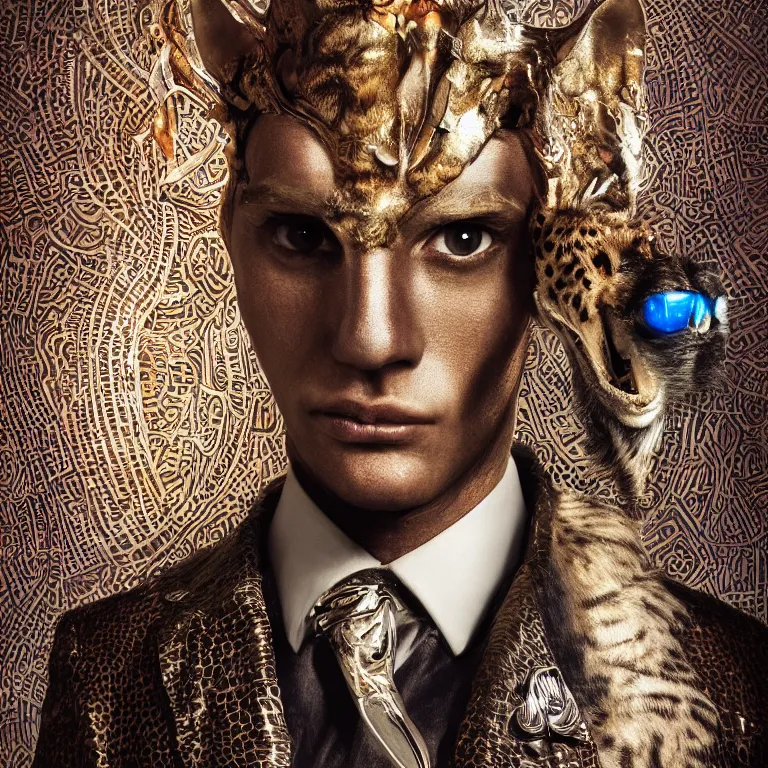 Image similar to extreme close - up octane render portrait by wayne barlow and carlo crivelli and glenn fabry, a futuristic egyptian god with the head of a cheetah and wearing a futuristic stylish silver gucci three piece suit with a colorful floral shirt, sitting in a charming vintage upscale bohemian elegant boutique hotel with beautiful wallpaper, very short depth of field, bokeh