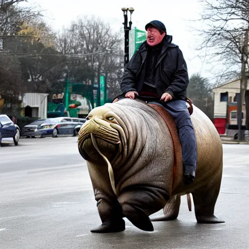 Prompt: a man riding a walrus down the street