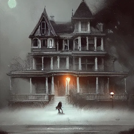 Image similar to a ghost outside a haunted victorian house, horror, greg rutkowski