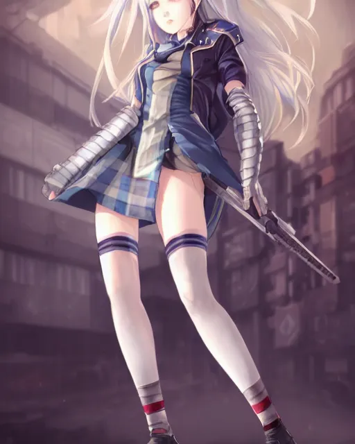 Image similar to The successful warrior is the average man, with laser-like focus, artwork by artgerm, anime, cyberpunk streets in Japan, elegant, seductive, long white hair, knee high socks, extra short blue plaid skirt, white blouse, army boots, full shot, wide-shot, long-shot, fantasy, mystical, magical