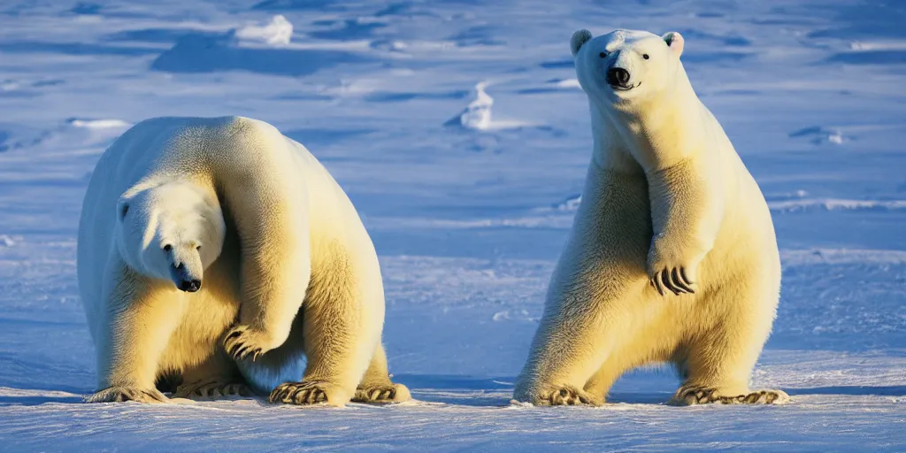 Prompt: a photo of a t-rex hugging a polar bear in the north pole, golden hour, award-winning photograph, national geographic, 8K UHD