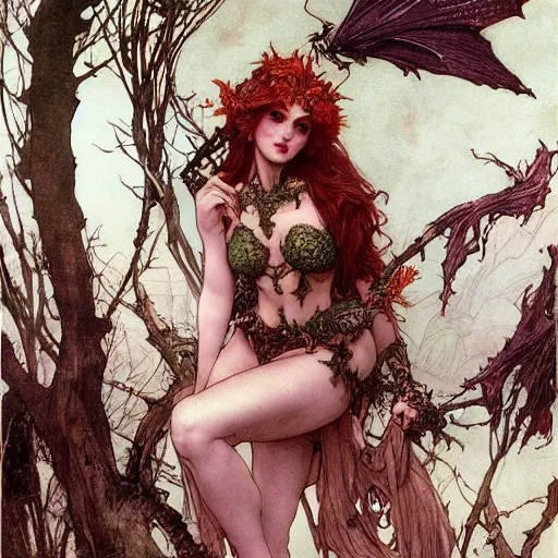 Image similar to a beautiful and detailed matte painting of a seductive succubus dressed as poison ivy, fantasy, d & d, dark eyeliner, intricate, elegant, highly detailed, digital painting, artstation, concept art, matte, sharp focus, illustration, art by rebecca guay and by arthur rackham and by alphonse mucha and by john william waterhouse