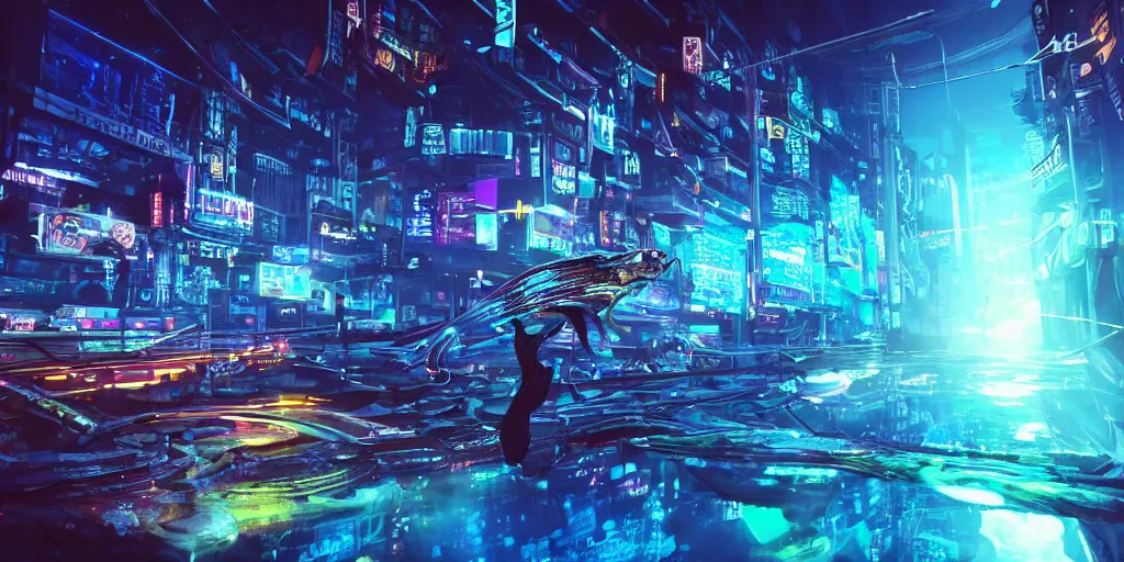 Image similar to Cybernetic fish jumping out of a river of fluorescent blue battery acid in a cyberpunk city, ultra-realistic, dramatic lighting, HDR, 8K resolution