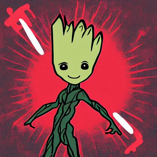 Prompt: baby groot and random english words with red and black colors as pop smoke album cover