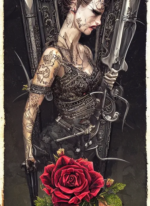 Image similar to tarot card :: horror :: vampires and draculas :: hearts and roses :: gold and silver :: guns and swords :: side profile :: highly details :: intricate details :: Sandra Chevrier and bastien lecouffe deharme