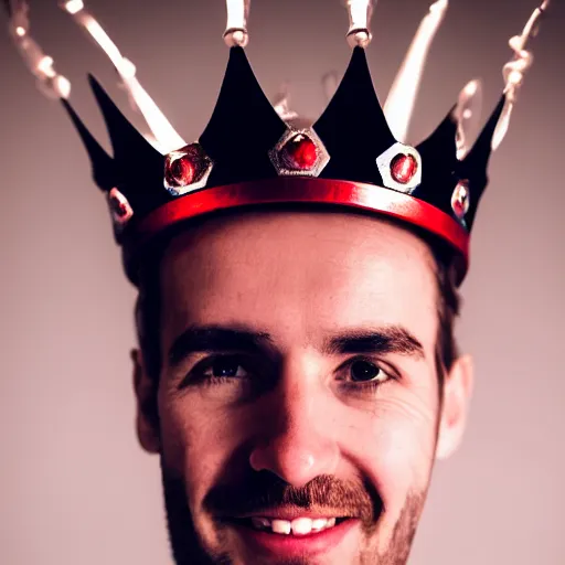 Image similar to man with a crown, smirk, photograph, black background, glowing red eyes, grin