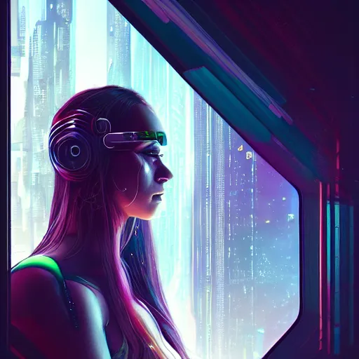 Prompt: portrait of cyberpunk woman looking out of a window, cyberpunk setting, futuristic, highly detailed, intricate lighting, digital painting, sharp focus, illustration, trending on artstation, art by anna dittmann.