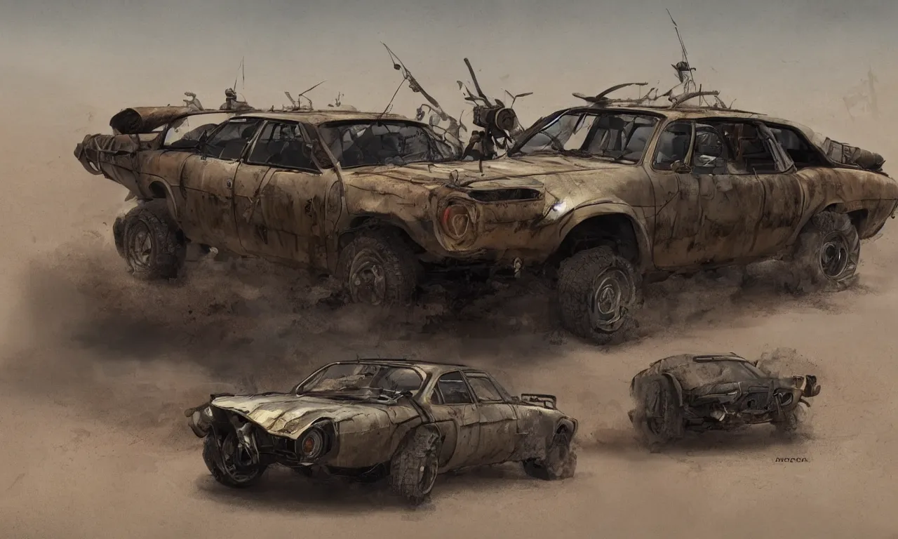 Image similar to a single Dacia 1310 in Mad Max, artstation, concept art