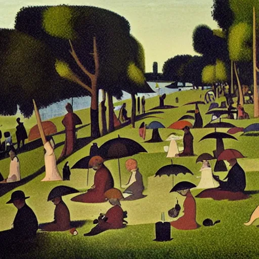 Prompt: a sunday afternoon on the island of la grande jatte, by mike mignola