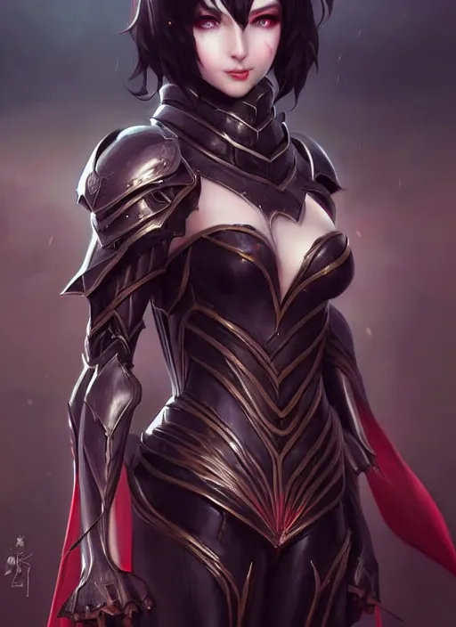 Image similar to full plate armor!!! beautiful and elegant dark hair female vampire!! gorgeous ayes!! character concept art, sharp focus, octane render! unreal engine 5! highly rendered!! trending on artstation!! detailed linework!! illustration by artgerm, wlop, and chie yoshii