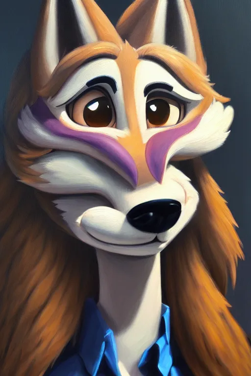 Image similar to oil painting of anthromorphic female wolf, in style of zootopia, female fursona, furry, furaffinity, 4 k, deviantart, furry art, fursona art, wearing black business suit, business suit, wolf fursona, female, very expressive detailed feminine face,