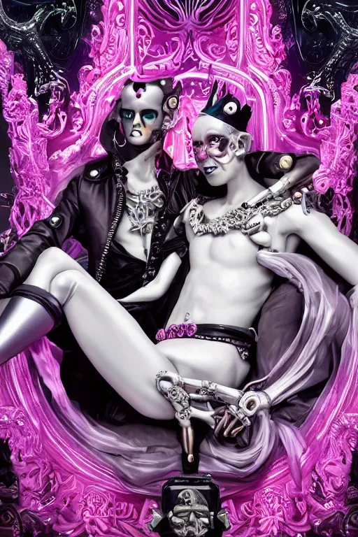 Image similar to full-body rococo and cyberpunk style neon statue of a young attractive portugues macho dotado e rico android sim roupa reclining con piroca dura, glowing white laser eyes, prince crown of pink gears, diamonds, swirling silver-colored silk fabric. futuristic elements. full-length view. space robots. human skulls. intricate artwork by caravaggio. Trending on artstation, octane render, cinematic lighting from the right, hyper realism, octane render, 8k, depth of field, 3D