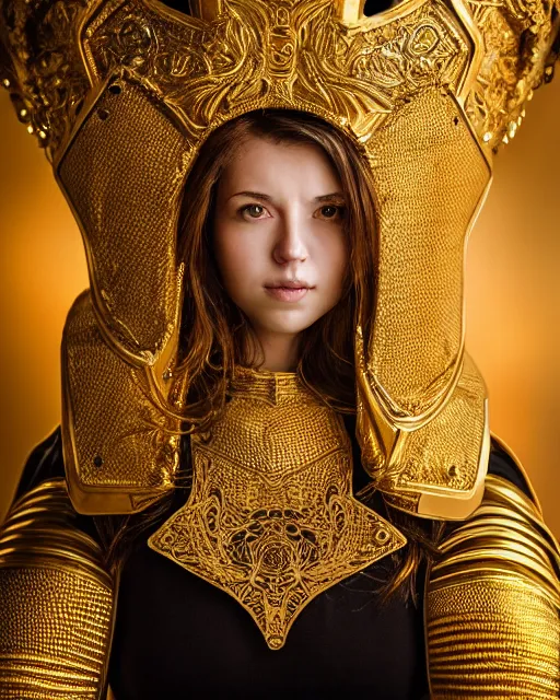 Image similar to award winning photograph portrait of woman in shining golden armor, high production value, intricate details, high resolution, hdr, high definition, masterpiece, realistic, ultrarealistic, highly detailed, hd, sharp focus, non blurry, sharp, smooth