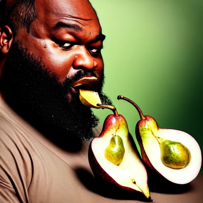 Image similar to hyper realistic, high detail photo of rick ross eating a pear, beautiful, dreary lighting