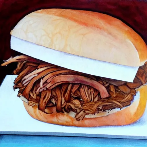 Image similar to pulled pork sandwich, artwork of time okamura