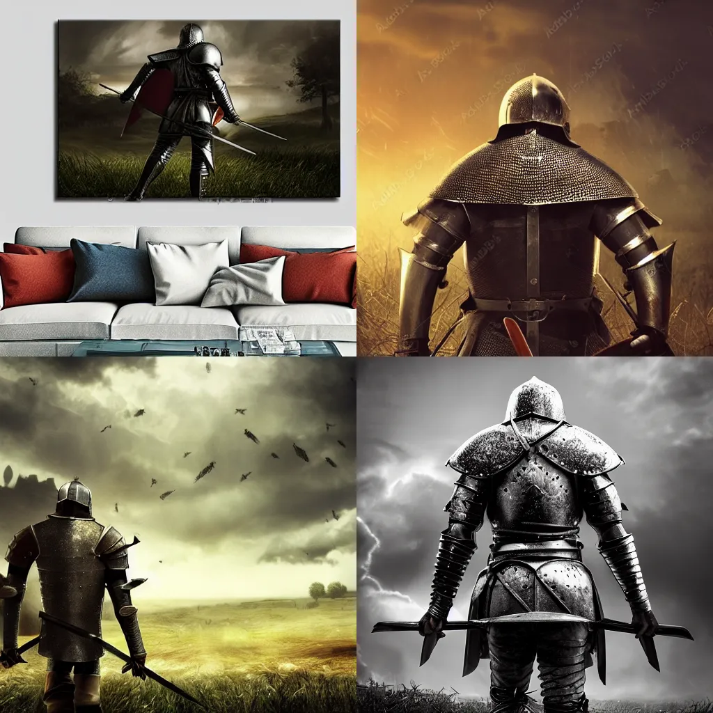 Prompt: Lonely medieval knight on a battlefield, full growth from the back, epic artwork, atmospheric, splash art, natural light, high detailed