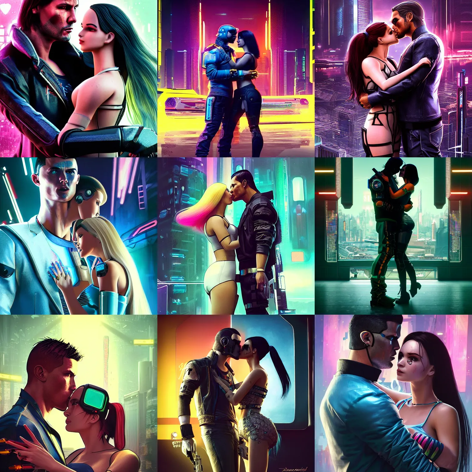 Prompt: a cyberpunk 2077 couple portrait of Cristiano Ronaldo & Barbie doll android final kiss in the night city,love,art by John Collier and Albert Aublet and Krenz Cushart and Artem Demura and Alphonse Mucha,John Wick,Replicas,artstation,deviantart,FAN ART,Digital painting,face enhance,highly detailed,8K,octane,golden ratio,cinematic lighting