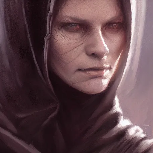 Prompt: portrait of a woman by greg rutkowski, fully covered face, only her eyes are visible, wearing black robes, evil attitude, star wars expanded universe, she is about 6 0 years old, highly detailed portrait, digital painting, artstation, concept art, smooth, sharp foccus ilustration, artstation hq