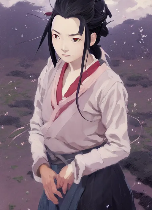 Image similar to portrait of Nezuko Kamado from Demon Slayer Anime, countryside, calm, fantasy character portrait, dynamic pose, above view, sunny day, thunder clouds in the sky, artwork by Jeremy Lipkin and Giuseppe Dangelico Pino and Michael Garmash and Rob Rey, very coherent asymmetrical artwork, sharp edges, perfect face, simple form, 100mm