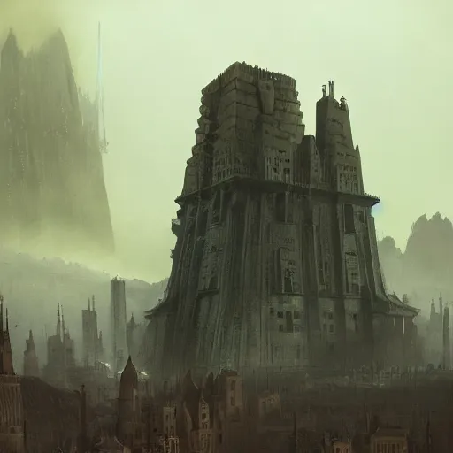 Prompt: one gigantic brutalist ancient tower, a detailed structure with at the top 3 spires in form of a trident, 1 0 0 0 meters tall set against sunlit, surrounded by smoke, mountains and a huge old city, 8 k, volumetric lighting, cinematic composition, octane render, dark surrealism, highly detailed by peter mohrbacher