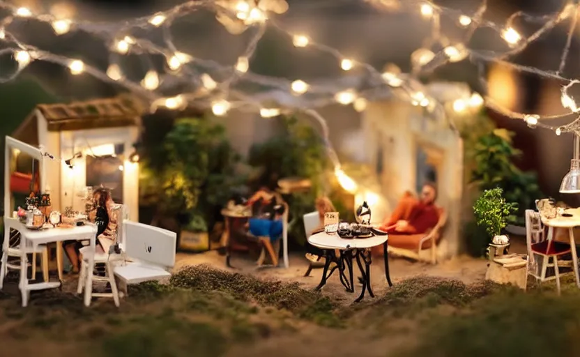 Prompt: mini cafe for mice diorama macro photography, ambient, atmospheric photograph, string lights, romantic