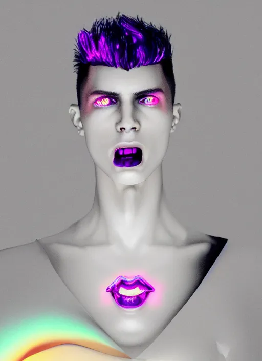 Prompt: photo of baroque and bladerunner delicate neon diamond sculpture of ceramic albino king adrien sahores seductive delicious tongue out, creamy orange iridescent humanoid deity wearing white fluffy hoody holding diamond skull in a black metallic dungeon, reclining, glowing rainbow face, crown of white diamonds, cinematic lighting, photorealistic, octane render 8 k depth of field 3 d