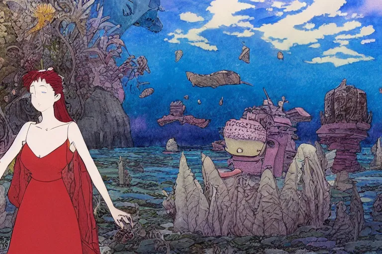 Image similar to a hyperrealist studio ghibli watercolor fantasy concept art. in the foreground is a lost princess in a red dress. in the background is stonehenge. the scene is underwater on the sea floor. by rebecca guay, michael kaluta, charles vess