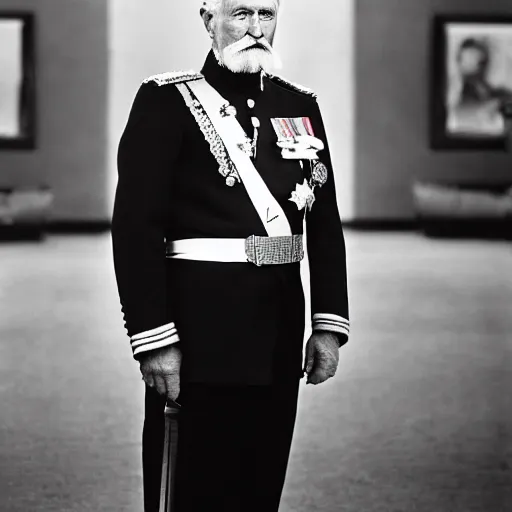 Image similar to his majesty the king, a gruff man in his late 8 0 s with a stern look and flowing white hair, his military uniform filled with medals, black and white photography, kodak retina i, 3 5 mm, photo taken 1 9 3 3