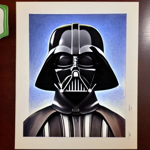 Image similar to colored pencil drawing of darth vader, wide shot of a portrait hanging on the wall in the louvre