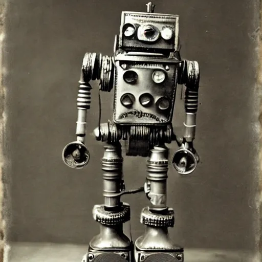 Prompt: steampunk robot, 1900's photography
