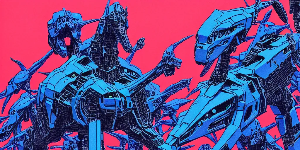 Prompt: risograph rendition of extremely - detailed black gigantic evangelion - like dinosaur mecha with a lot of blue children heads on it, ominous, intricate complexity, dramatic, epic composition, atmospheric, painting by moebius