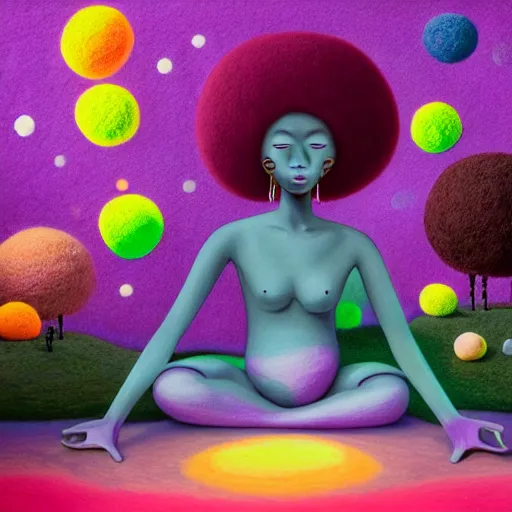 Prompt: a wide angle landscape portrait of a black girl with a colorful afro, meditating in an african zen garden with a pink waterfall, moon light, by goro fujita and alex grey in a surreal psychedelic style, pixar, felt texture, bokeh!!, volumetric wool felting, radiant light, amigurumi, macro photography, breathtaking landscape