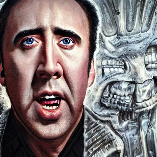 Prompt: nicolas cage, designed by h. r. giger, 4 k studio full portait