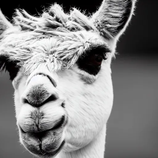 Prompt: black and white flash close - up photograph of a llama.