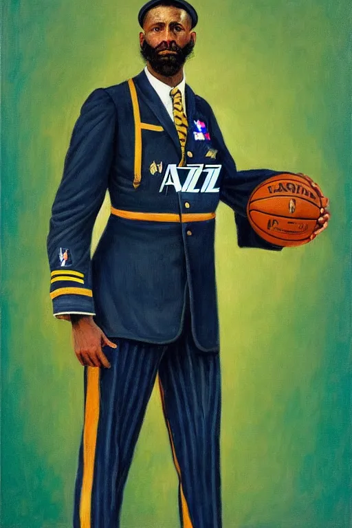 Image similar to full body portrait of the dictator of the nba utah jazz, 1 8 8 9, in full military garb, navy, green, oil on canvas by william sidney mount, trending on artstation