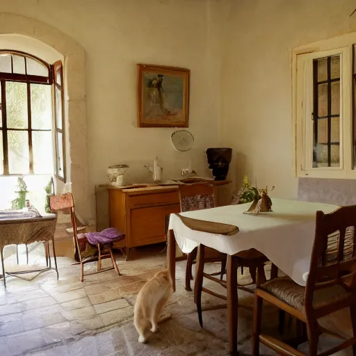 Prompt: Photo of very very very very filled provence interior room with cat sitting on the table in the center of room, photorealism,