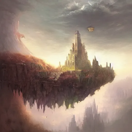 Image similar to a painting of a city castle floating in the air, flying island, levitating citadel, a matte painting by marc simonetti, deviantart, fantasy art, lush world above an apocalypse landscape, matte painting, fantasy landscape