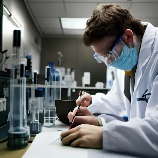 Image similar to mothman with a labcoat in a lab, writing on a clipboard