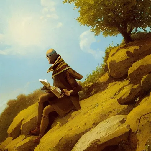 Image similar to a gorgeous Carl Spitzweg painting of a robot standing on a rocky hill reading a book, artstation